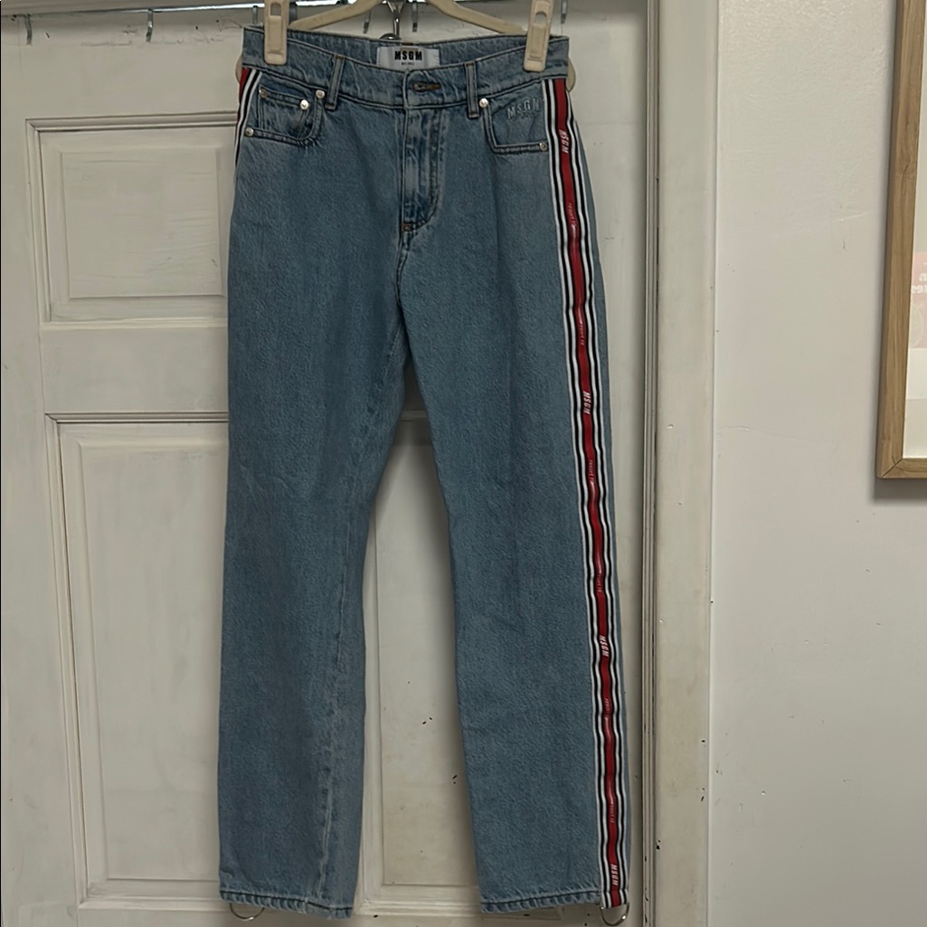 Msgm Blue Jeans With Red And White Stripe - Size It 40/Us 4/27